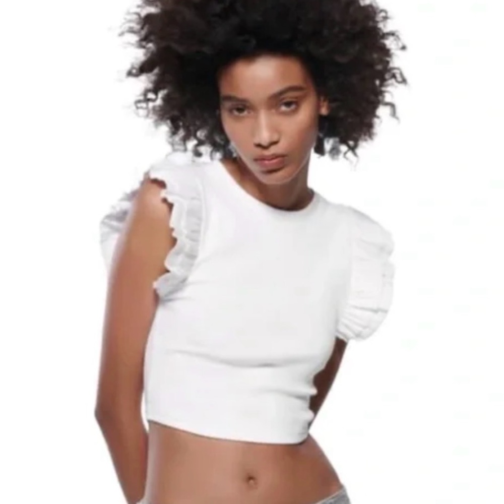 Zara White Ruffle Sleeve Crop Top, Small